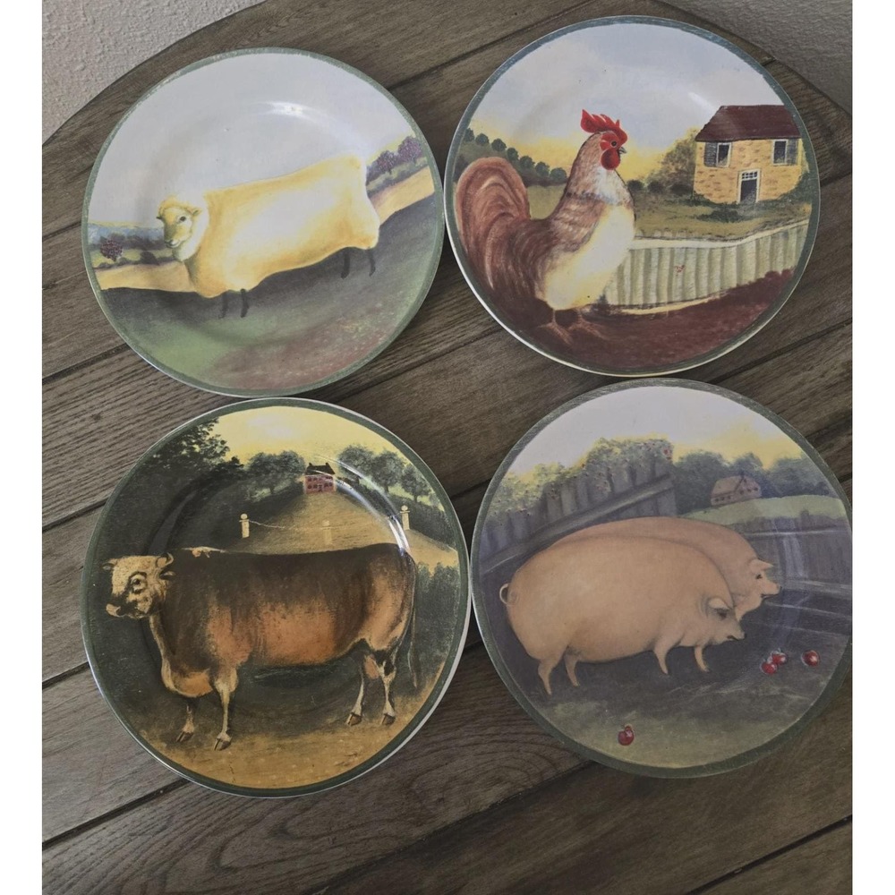 Vintage Block Country Farm Plates Set Of 4 Rooster Pig Cow Sheep 1995 Primitive